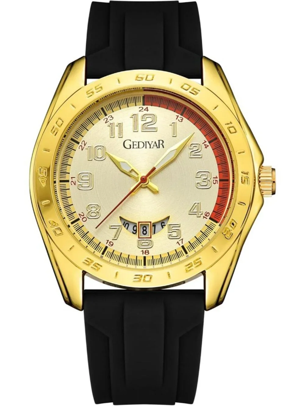 Men's Black Gold Analog Rubber Silicone Band Arabic Numbers Casual Wrist Watch